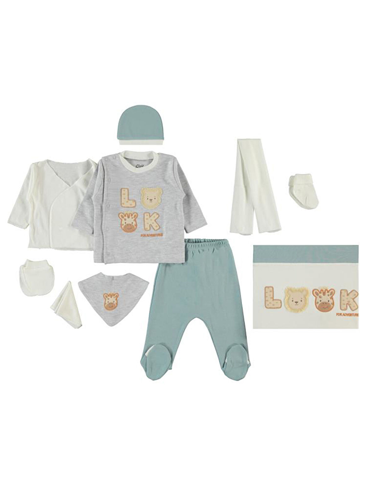 Civil Baby Look Hayvanlar Nakışlı  Zıbın Setleri - Mavi0-1 Ay