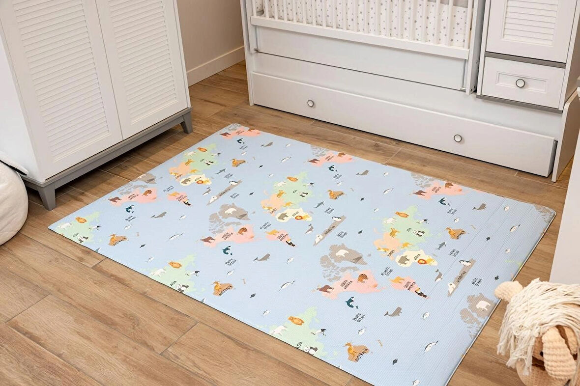 World Map Oyun Matı-Halısı 130x185cm | 10 mm, Darbe Emici, Isı Yalıtımlı, Çift Yönlü