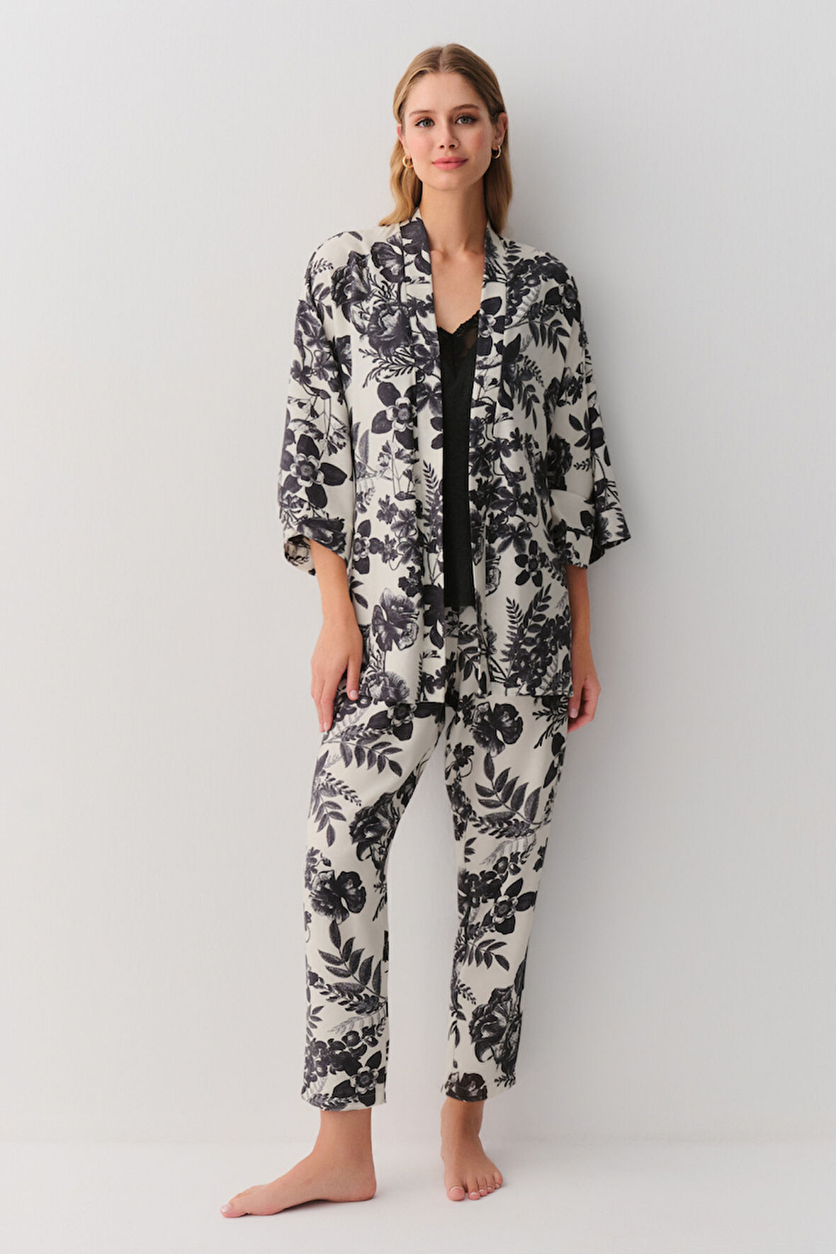 Suwen Melange Flower 3 Parçalı Pijama Takımı