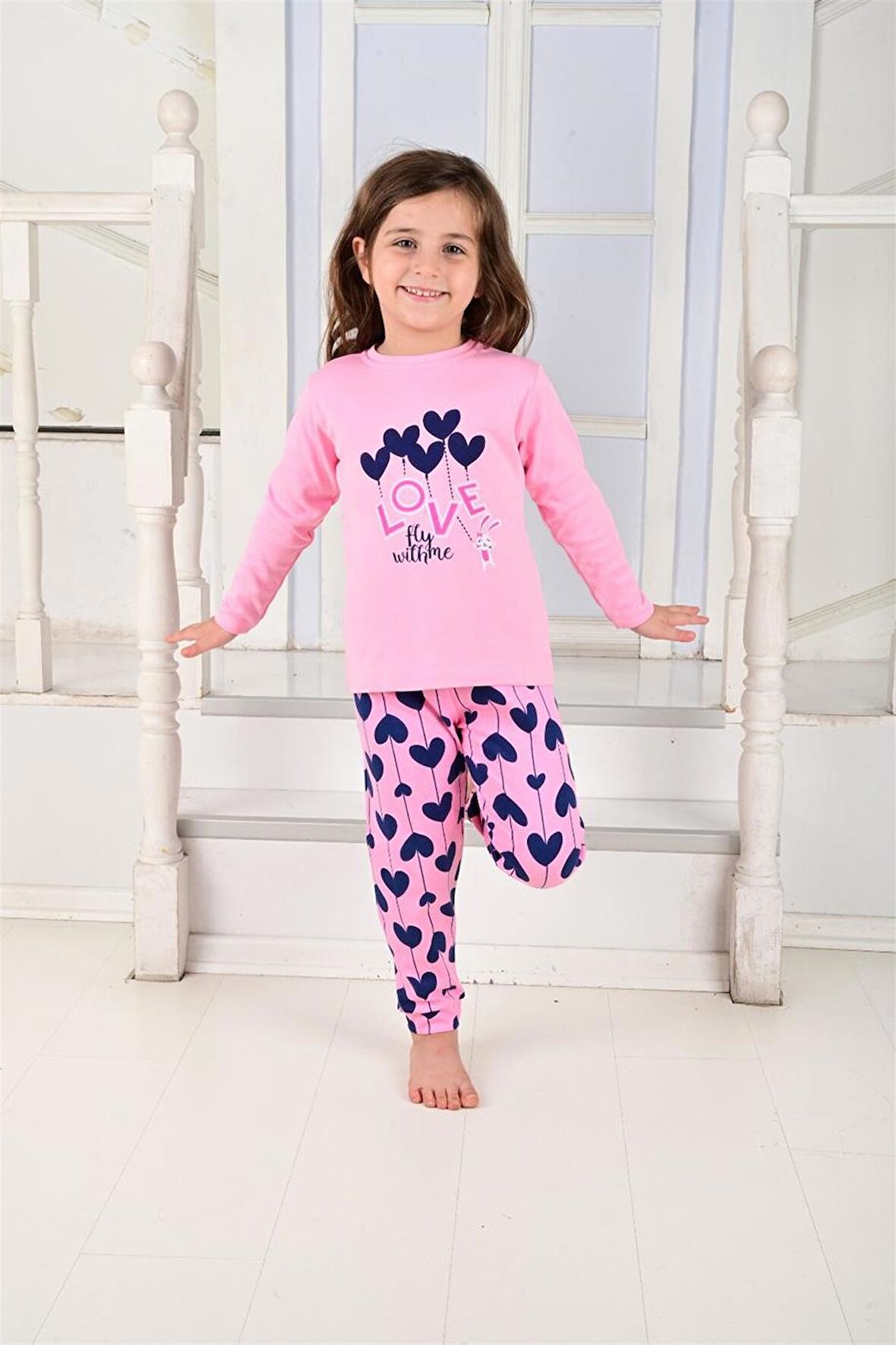 Kız Çocuk Uzun Kollu Pijama Takımı Ballon Hearth Pembe