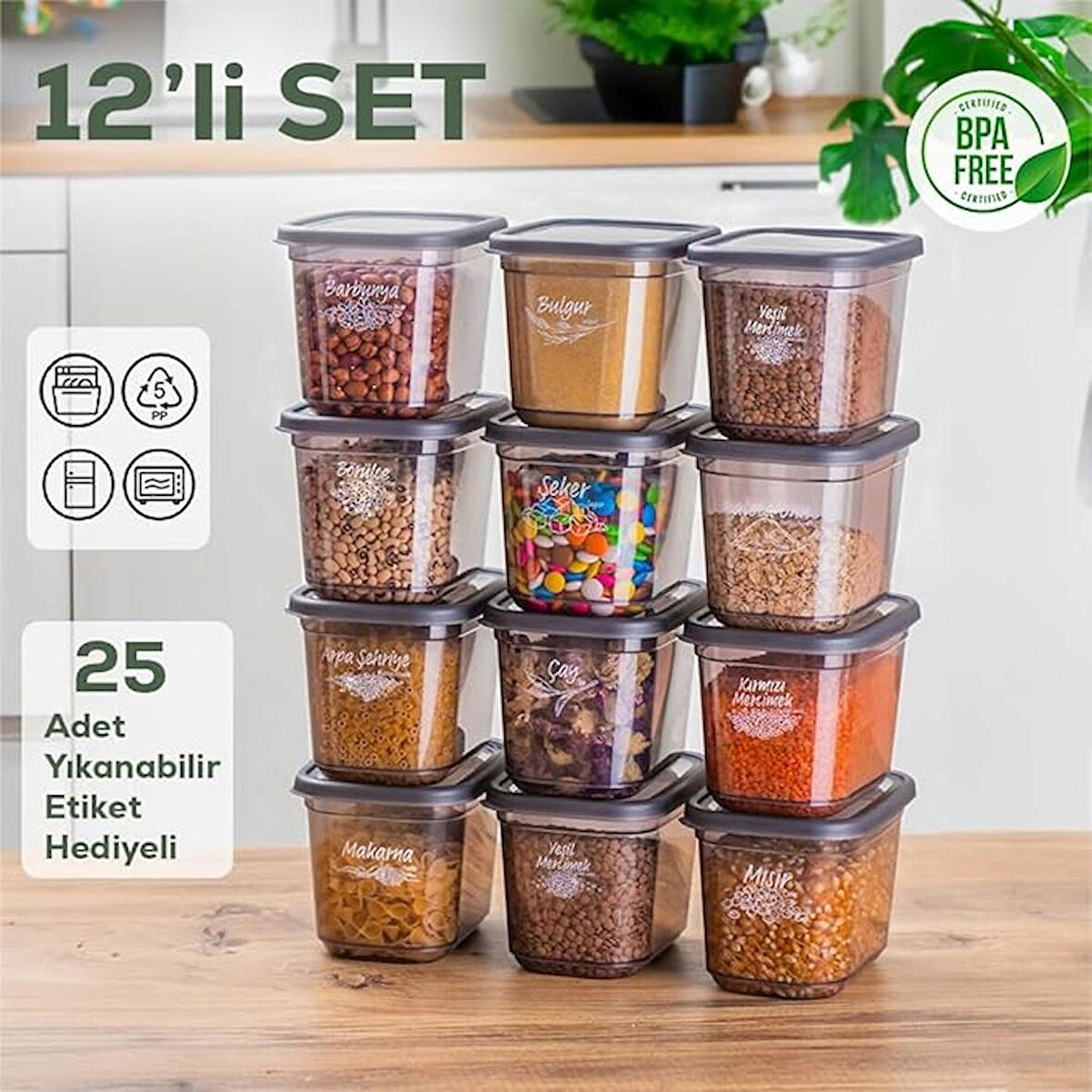 Porsima 1022 Etiketli Dikdörtgen Erzak Saklama Kabı 12'Li 1.3 L