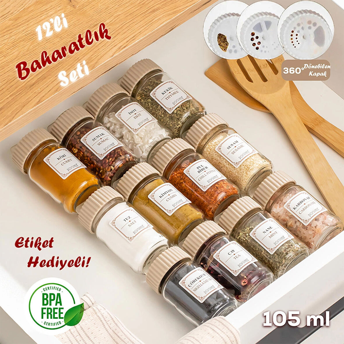 Porsima 1082 12 Li Döner Kapaklı Cam Baharatlık Seti Cappuccino 
