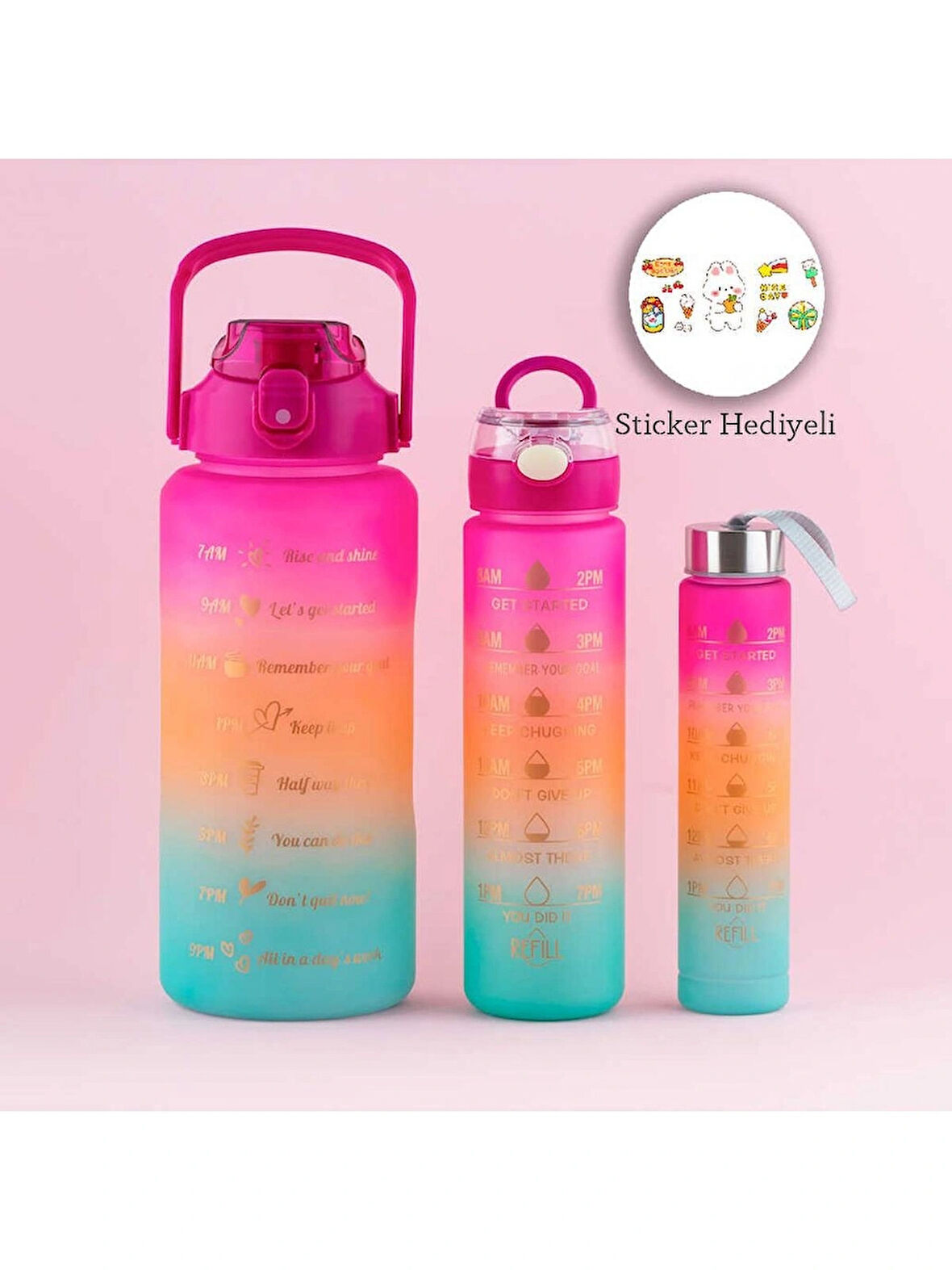 Porsima 11918 3lü Motivasyon Stickerlı Kokusuz Matara Suluk Fuşya