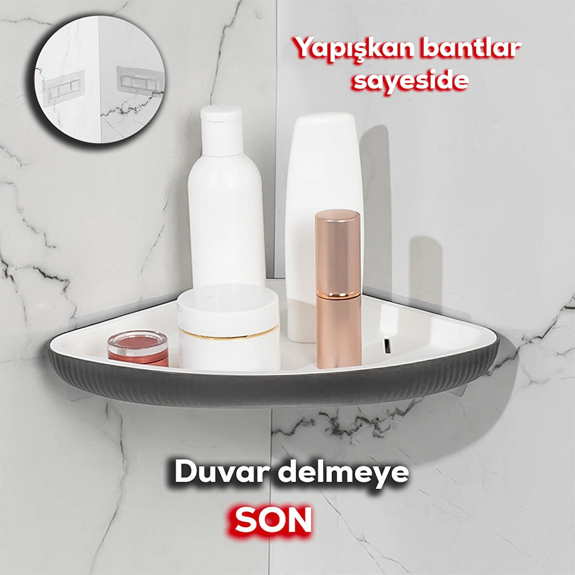 Porsima 0447 İstiridye Banyo Köşe Rafı - Paslanmaz Yapışkanlı Duş Rafı Banyo Düzenleyici Organizer - Antrasit