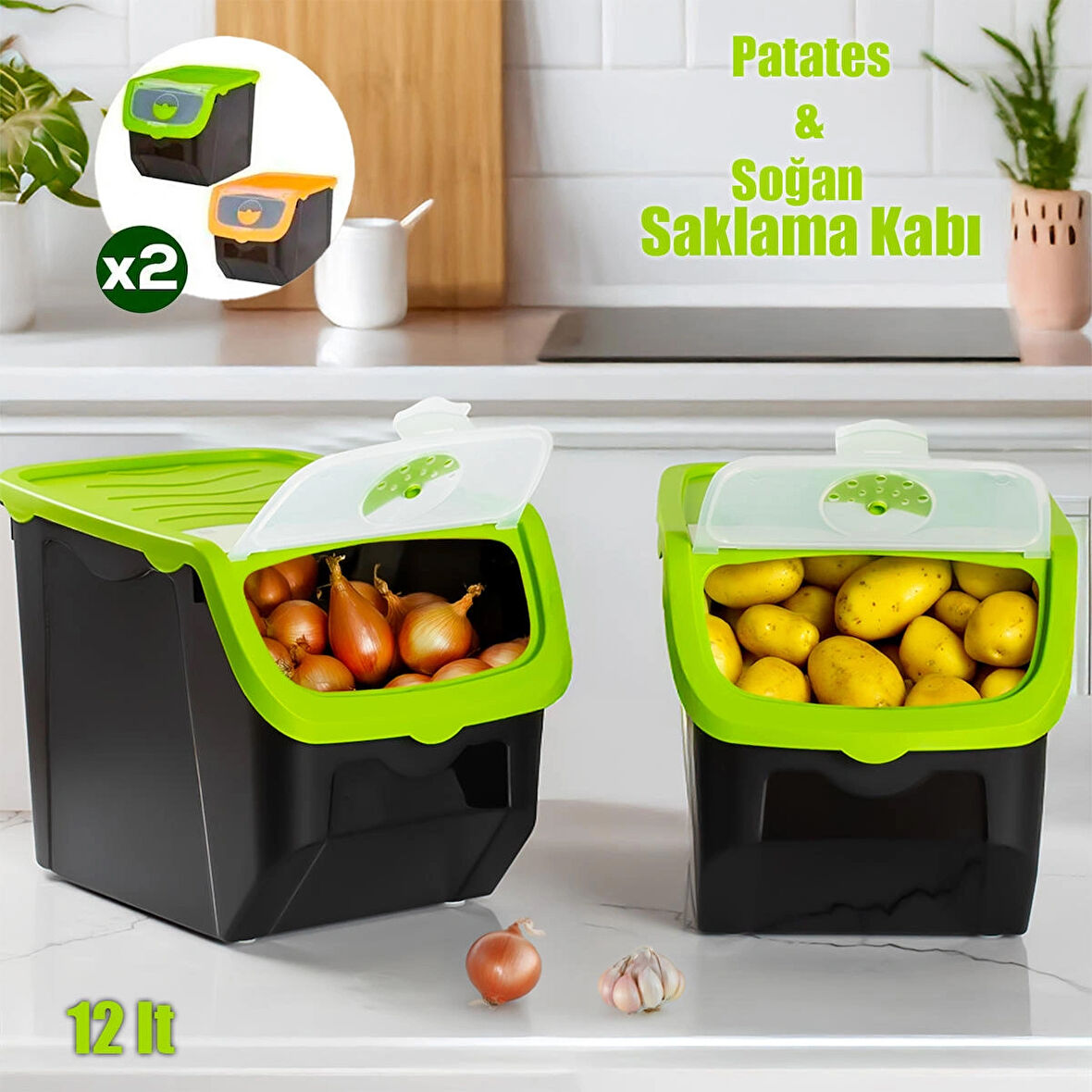 Porsima 1506 2'li 12l Çok Amaçlı Erzak Saklama Kutusu Sebzelik Yeşil