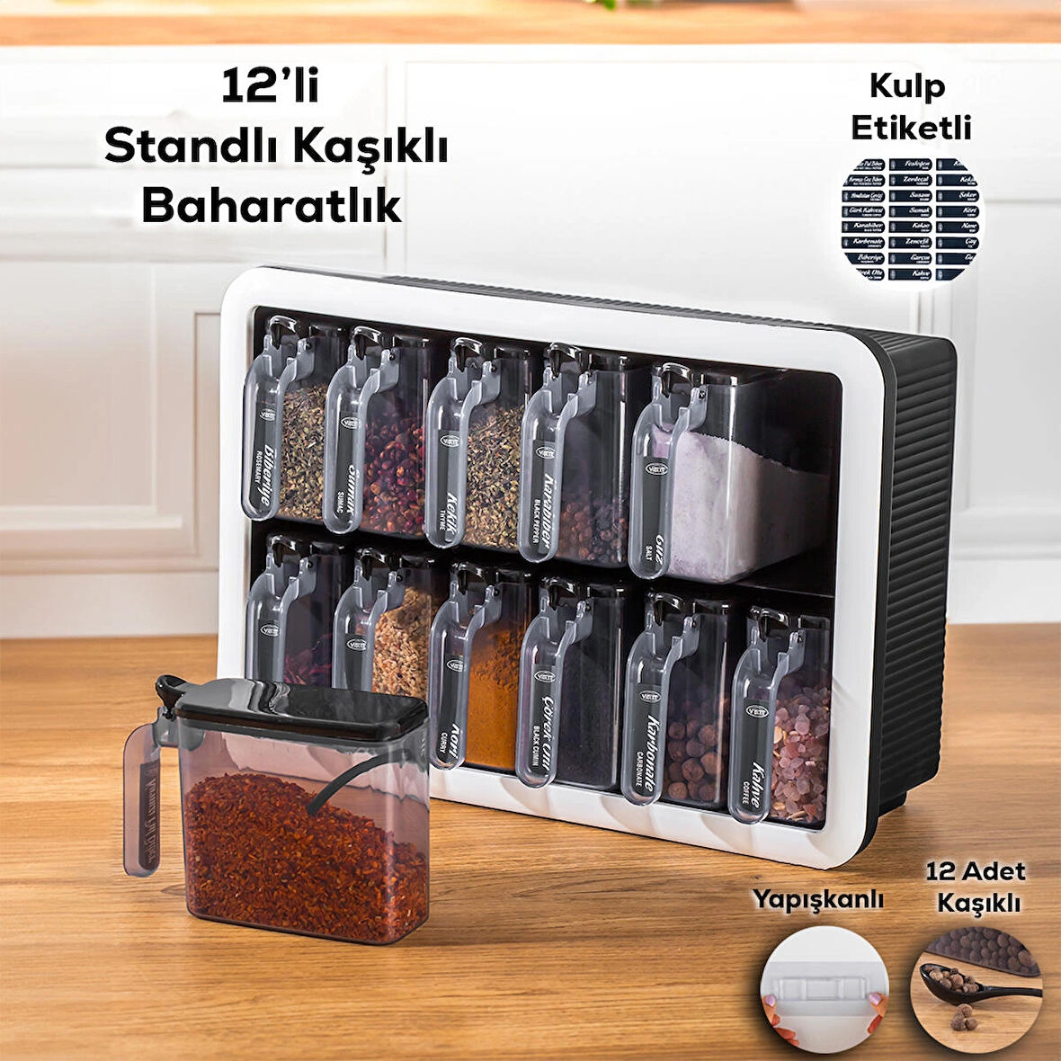 Porsima 1165 Random Standlı Kendinden Yapışkanlı Kaşıklı Kapaklı Baharatlık Seti 12'li -Siyah-Beyaz 
