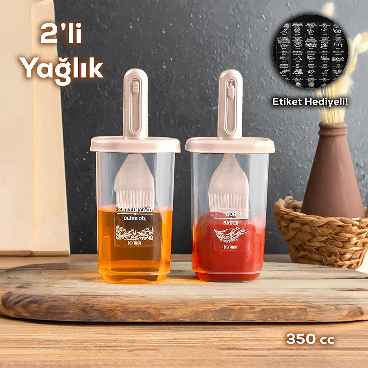 Porsima 0520 2'li Etiketli Silikon Fırçalı Yağlık - Sosluk-Yağdanlık Erzak Saklama Kabı 350cc - Cappuccino