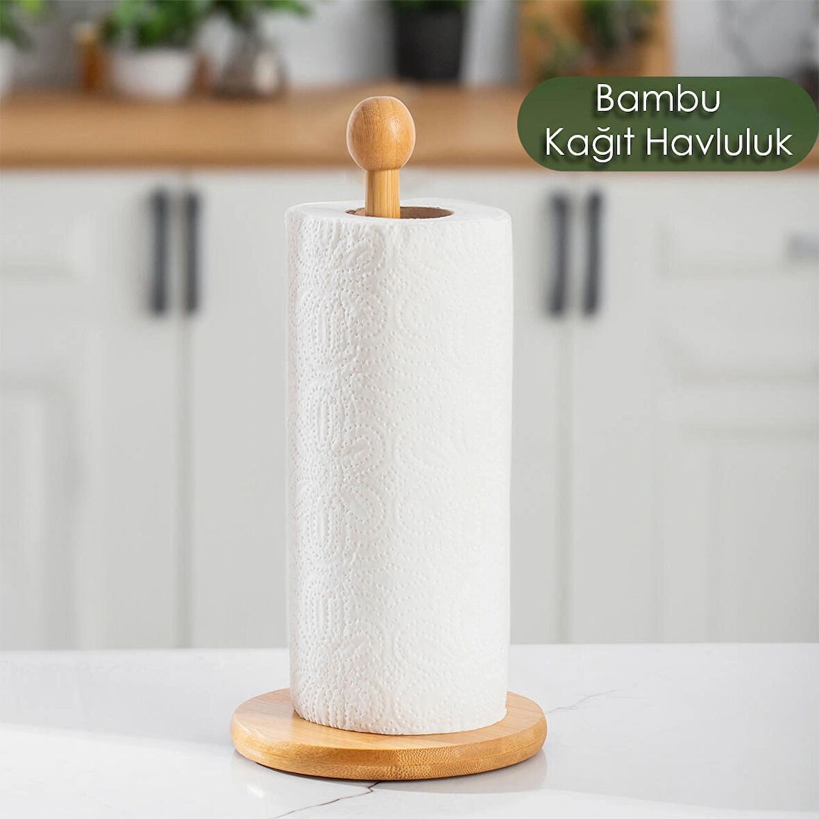 Porsima 2534 Bambu Kağıt Havluluk Yuvarlak Dekoratif Peçetelik Rulo Kağıt Havlu Standı Ahşap Kağıt Havluluk