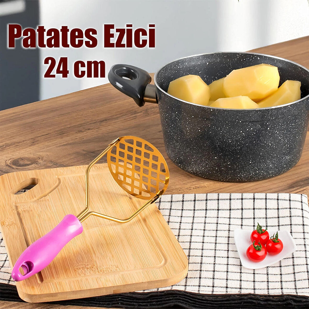 Porsima Patates Ezici Paslanmaz Metal Patates Ezici Püre Yapıcı Renkli Patates Ezeceği 24cm - Mor