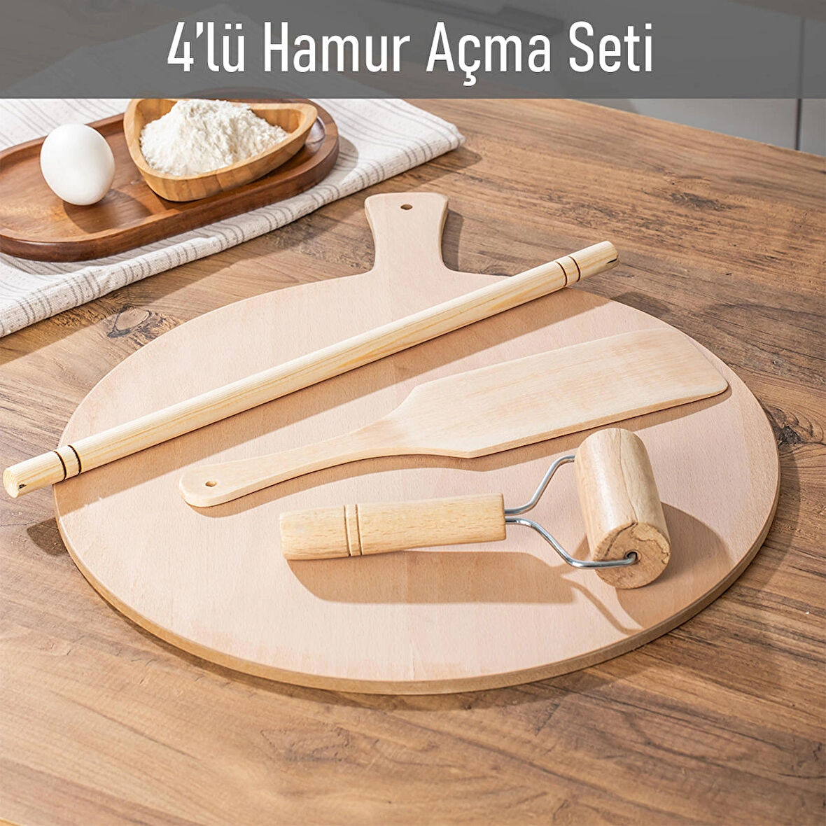 Porsima 4303 Hamur Açma Seti Ahşap Saplı Rulo Hamur Açıcı, Ahşap Oklava Merdane, Hamur Açma Sofrası, Ahşap Spatula 4 Lü Set