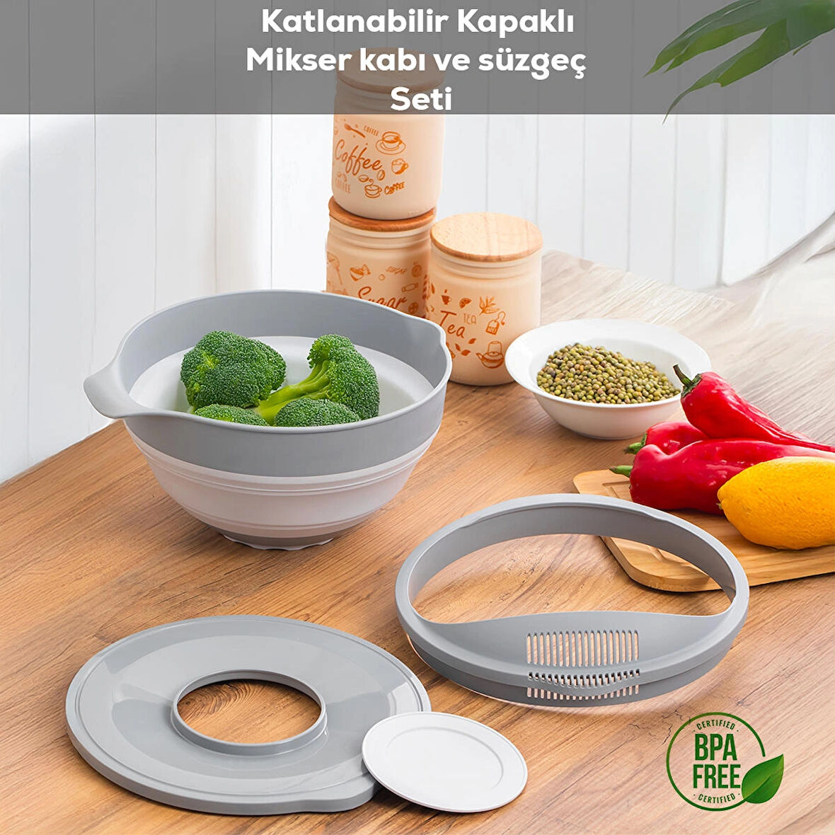 Porsima S-00113 Akordiyon Katlanabilir Süzgeç Seti, Mikser Karıştırma Kabı Mutfak Çeyiz Seti