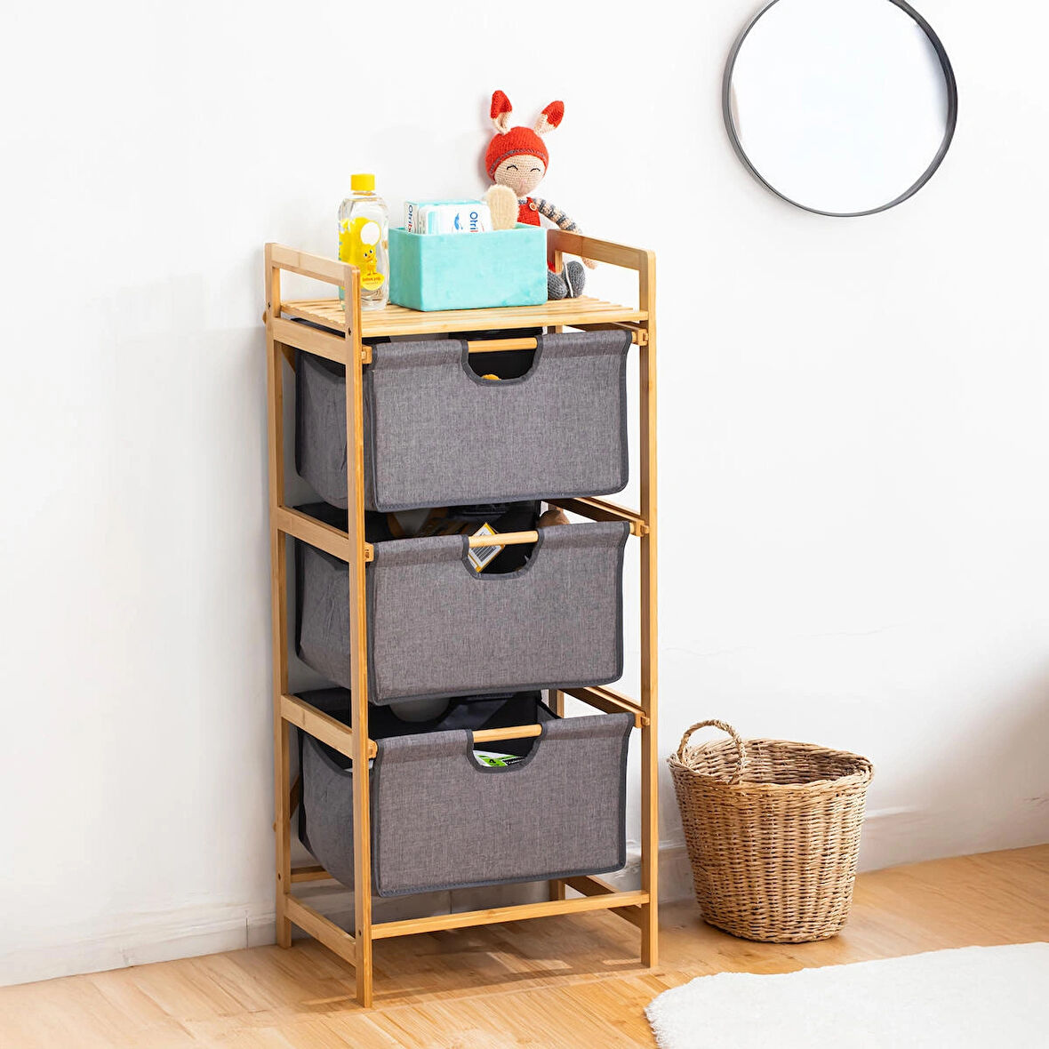 Porsima 2059 3 Katlı Çok Amaçlı Çekmeceli Organizer Dolap Ahşap Bambu Ayaklı 3 Hazneli Düzenleyici Kumaş Askılı Organizer Oyuncak Sepeti Banyo Mutfak Düzenleyicisi