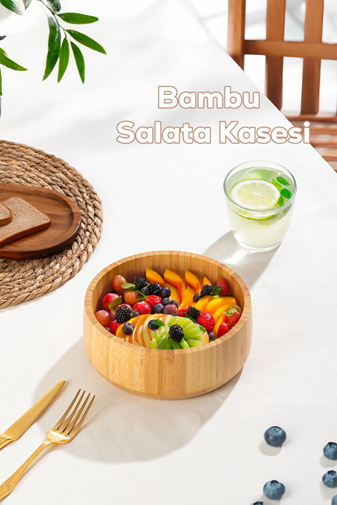 Porsima 2074 Orta Boy Doğal Bambu Salata Kasesi 18cm