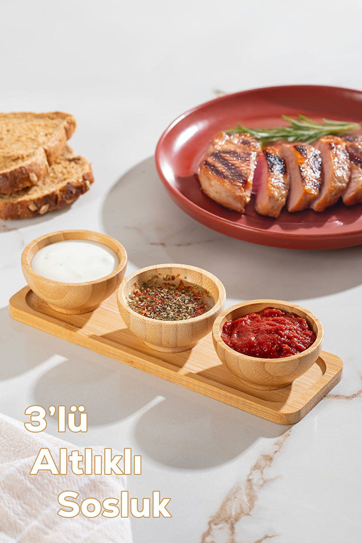 Porsima 2078 3lü Ahşap Bambu Standlı Kase Sosluk Reçellik Çerezlik İkramlık Sunumluk Seti Takımı