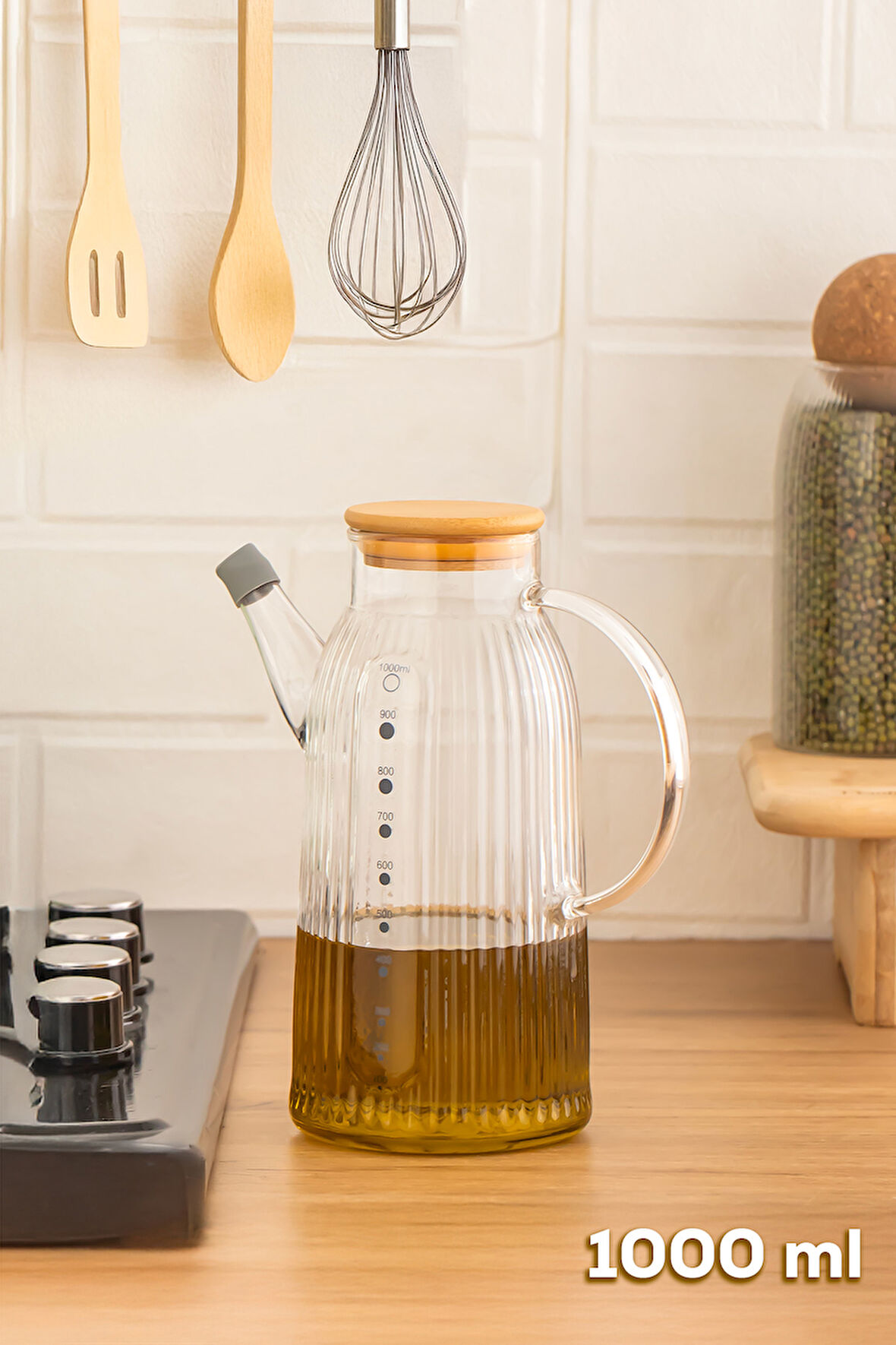 Porsima 2091 Bambu Kapaklı Vakumlu Ölçekli Borosilikat Cam Yağdanlık Yağlık Sirkelik 1000ml