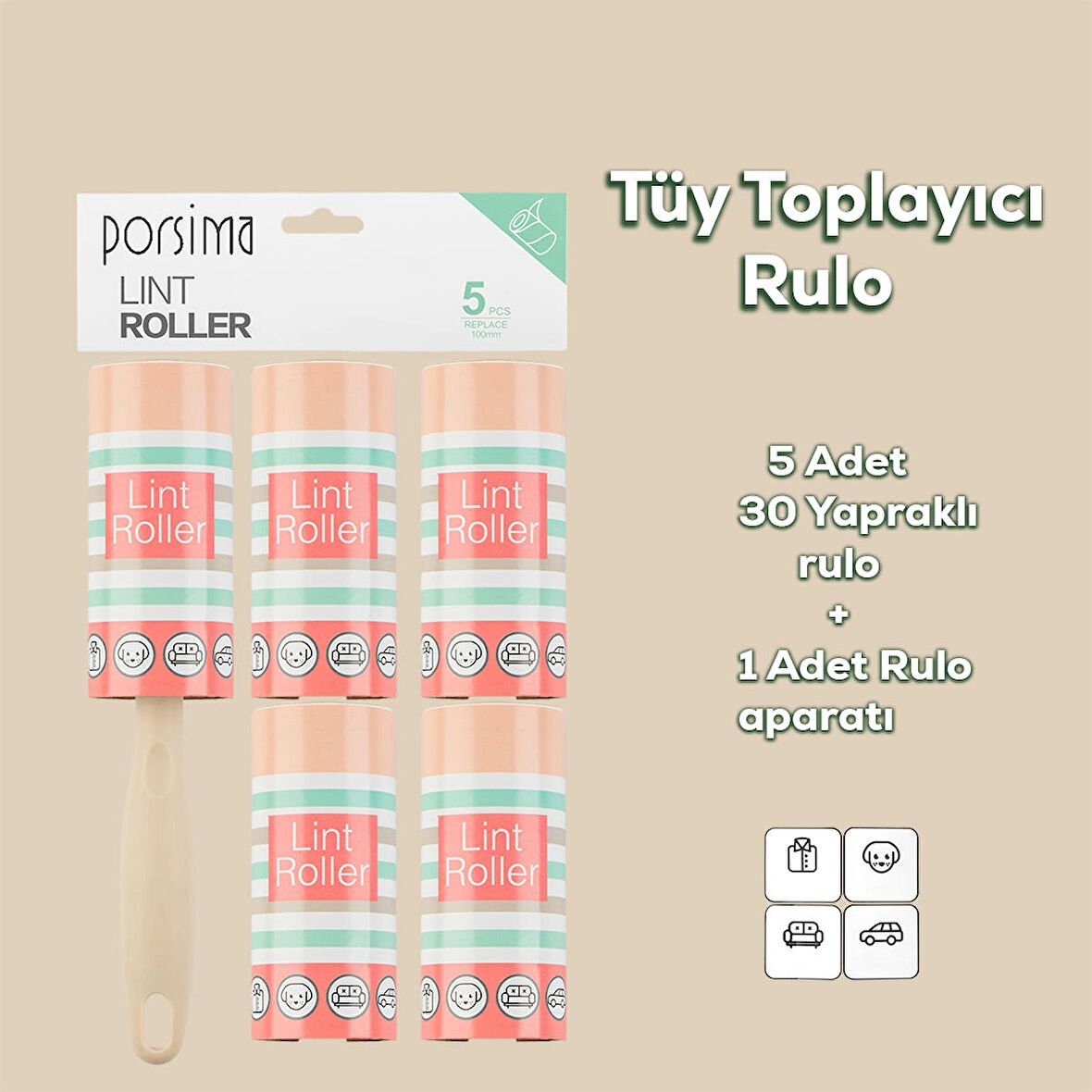 Porsima 3104 Kedi Köpek Tüy Toplayıcı Rulo + 4 Adet Yedek Rulo Krem