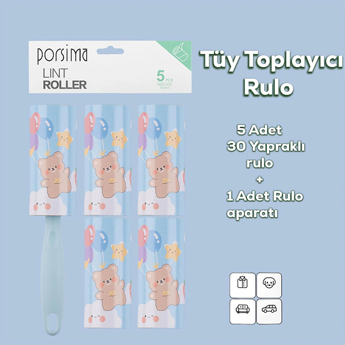 Porsima 3105 Kedi Köpek Tüy Toplayıcı Rulo + 4 Adet Yedek Rulo Mavi
