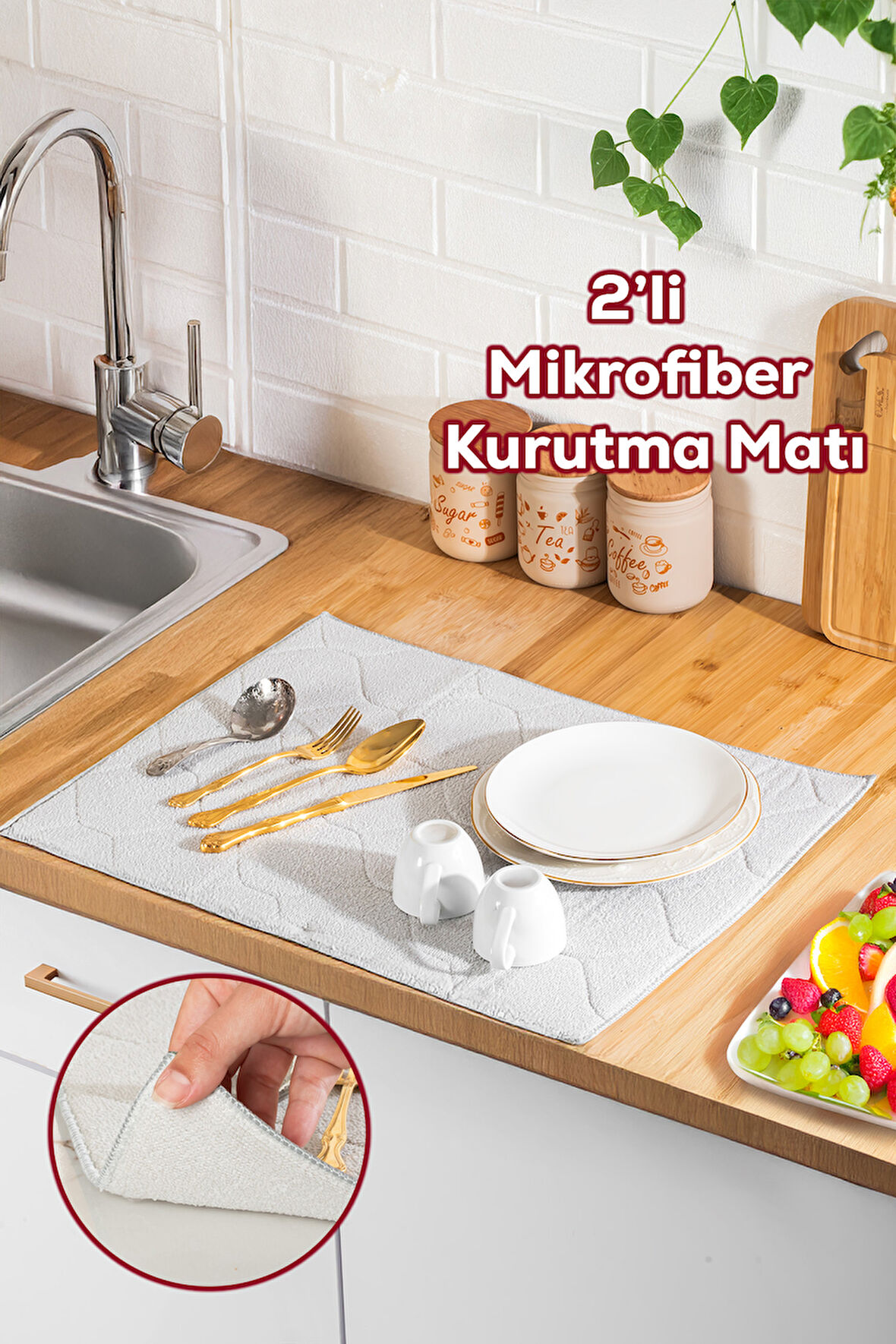 Porsima 3139 2li Mikrofiber Tezgah Üstü Kurutma Matı Süper Emici Bulaşıklık Gri Gri