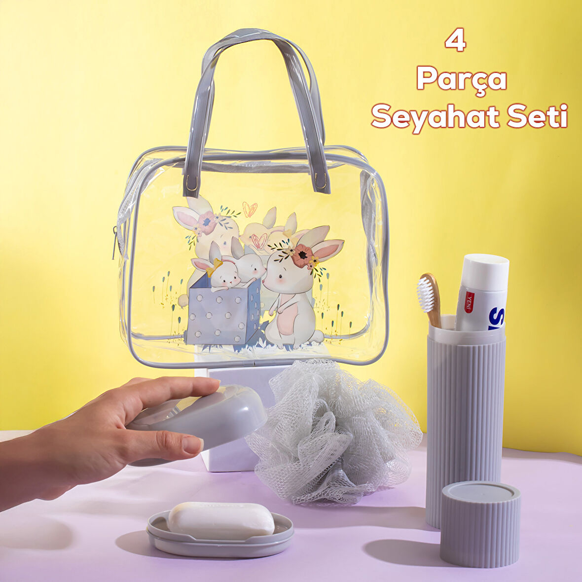Porsima 3145 Tavşan Figürlü Seyahat Seti - Diş Fırçası Kutusu Banyo Lifi Sabun Kutusu Seyahat Çantası Gri