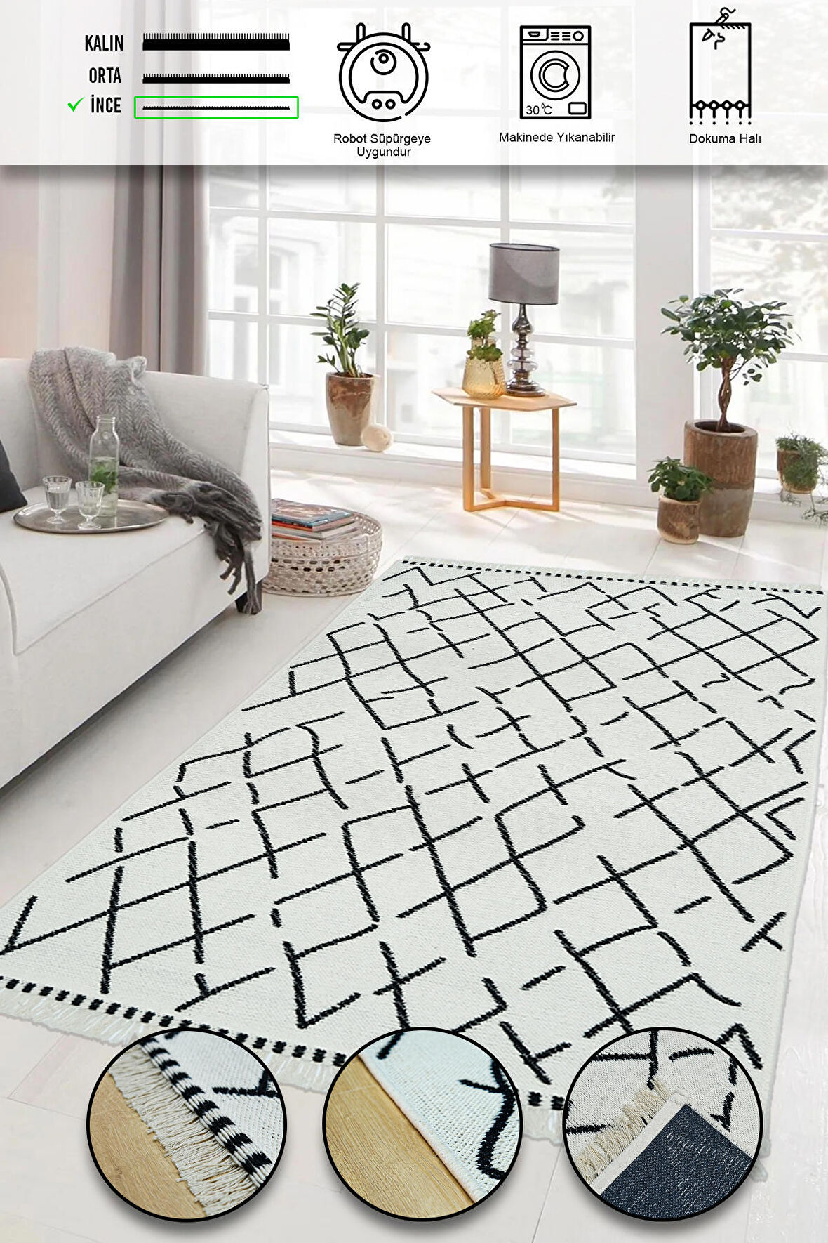 SİMEREV HALI İskandinav Kaymaz Taban Saçaklı Dokuma Örgü Yıkanabilir Salon Oturma Odası Yolluk Kilim