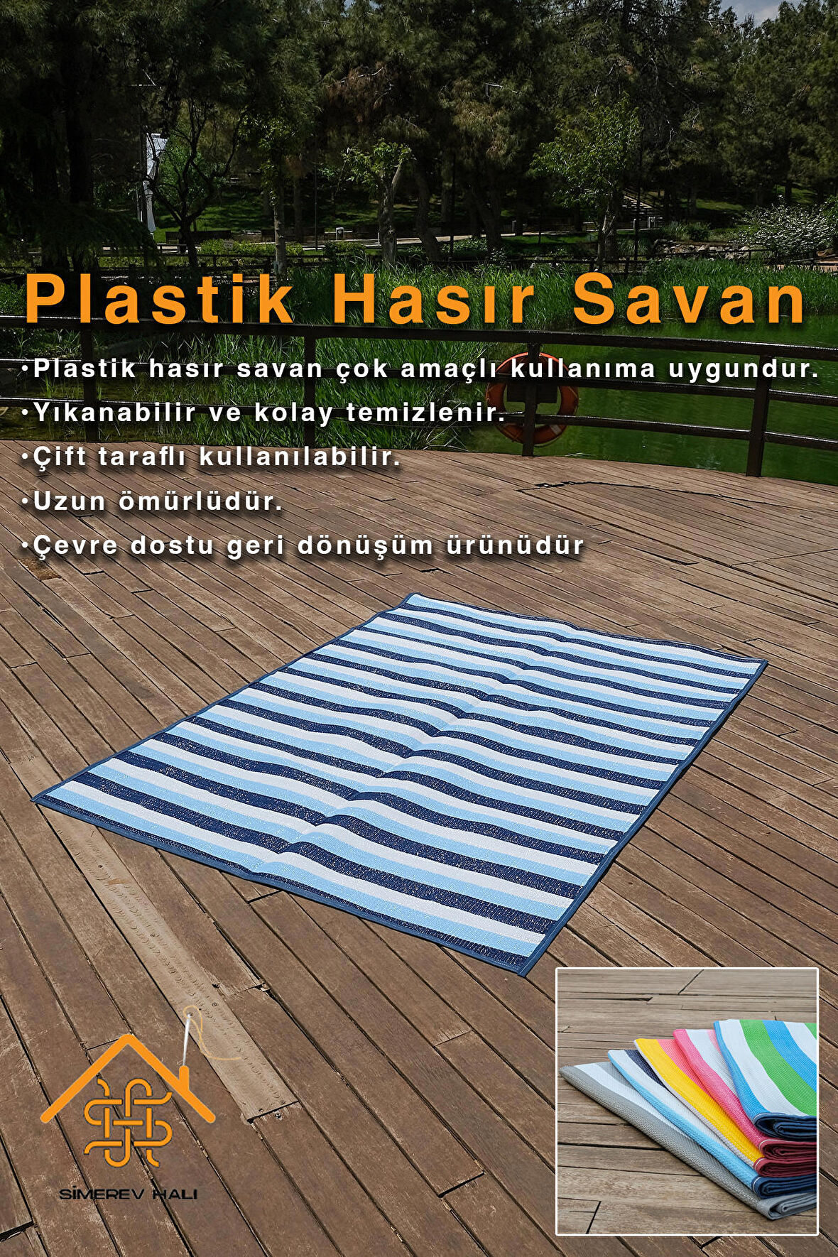 SİMEREV HALI Hasır Savan Mat Plaj Kamp Piknik Bahçe Balkon Teras Yıkanabilir Katlanabilir Kilim