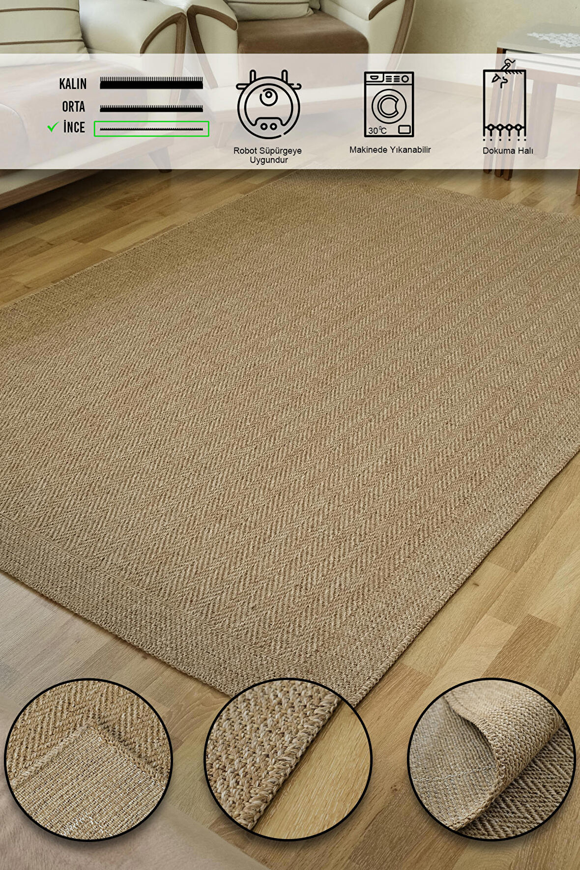 Simerev Halı Bohem Dokuma Örme Modern Jüt Hasır Kaymaz Taban Yıkanabilir Antialerjik Yolluk Kilim