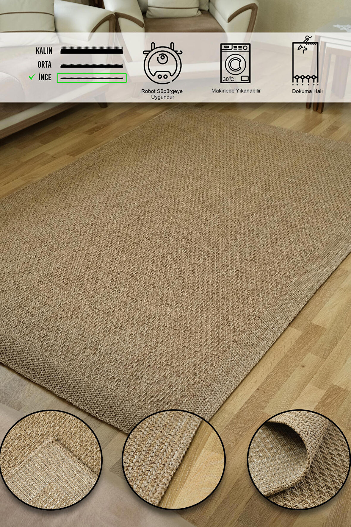 Simerev Halı Bohem Dokuma Örme Modern Jüt Hasır Kaymaz Taban Yıkanabilir Antialerjik Yolluk Kilim