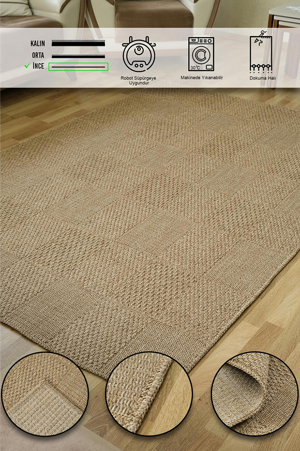 Simerev Halı Bohem Dokuma Örme Modern Jüt Hasır Kaymaz Taban Yıkanabilir Antialerjik Yolluk Kilim