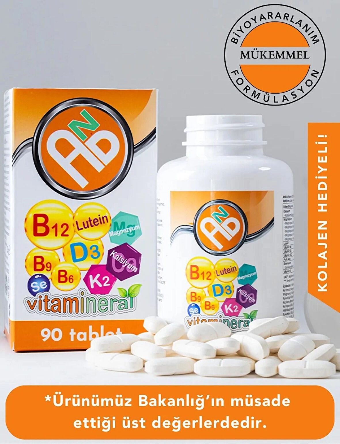 Vitamin D3 K2 B12 B9 B6 Magnezyum Kompleks, Kalsiyum, Lutein ve Selenyum İçeren Gıda Takviyesi