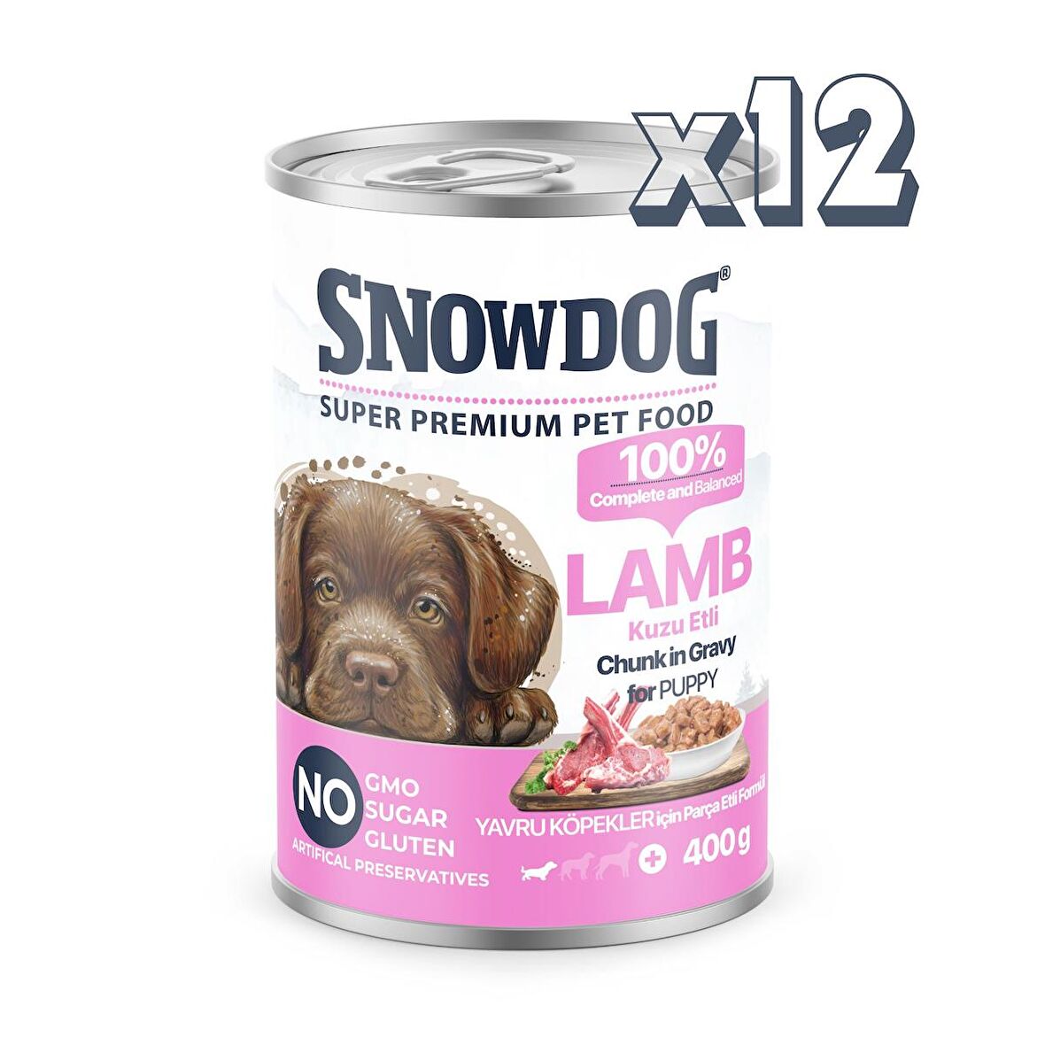 Snow Dog Premium Parça Etli Kuzulu Yavru Köpek Konservesi 12 Adet*400 G