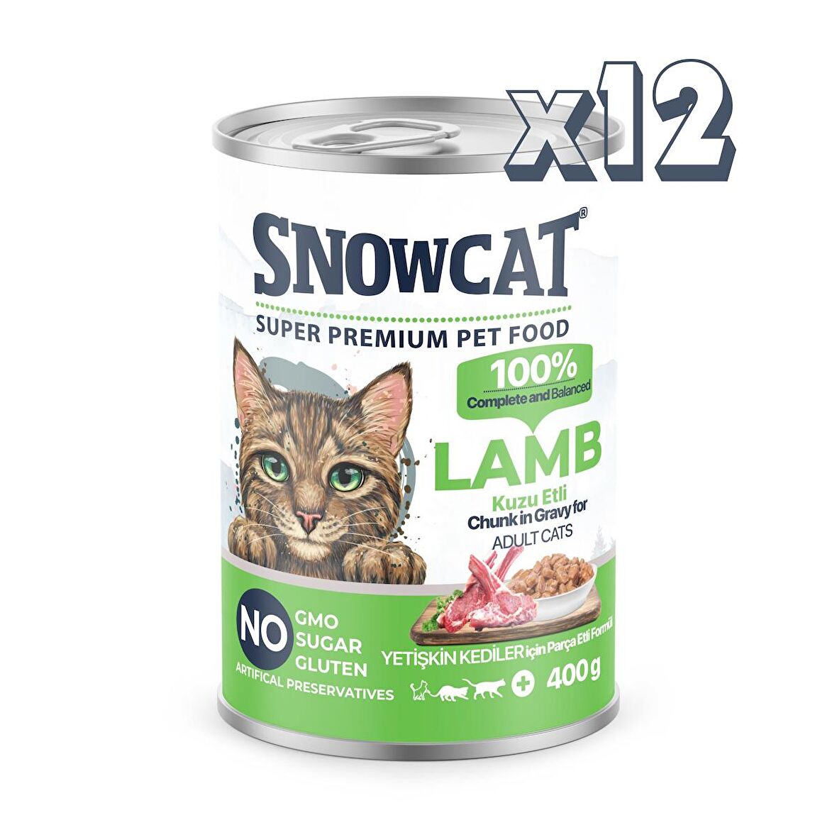 Snow Cat Premium Parça Etli Kuzulu Kedi Konservesi 12 Adet*400 G