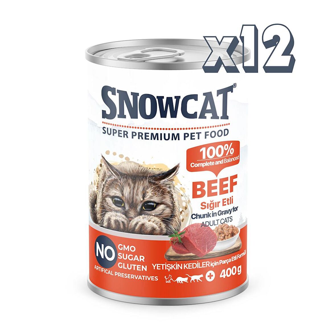 Snow Cat Premium Parça Etli Sığırlı Kedi Konservesi 12 Adet*400 G