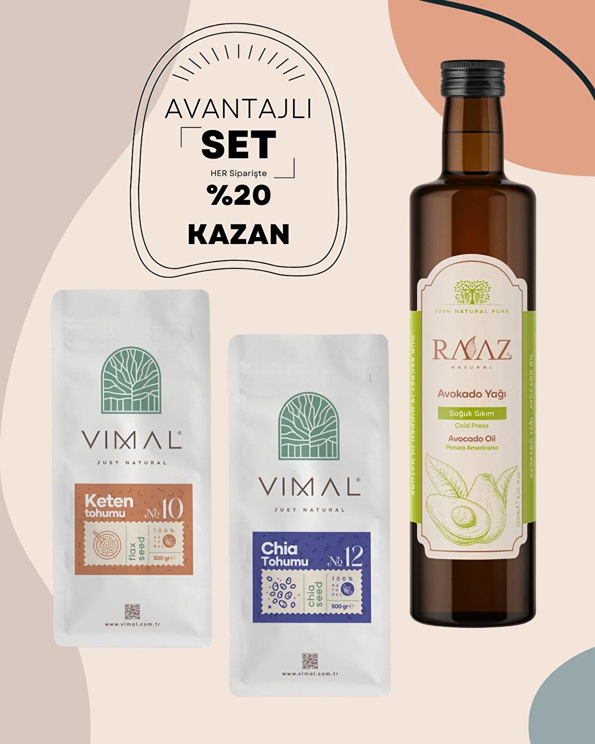 Avantajlı 3'lü set chia tohumu 500 g + keten tohumu 500 g + avokado yağı 250 ml