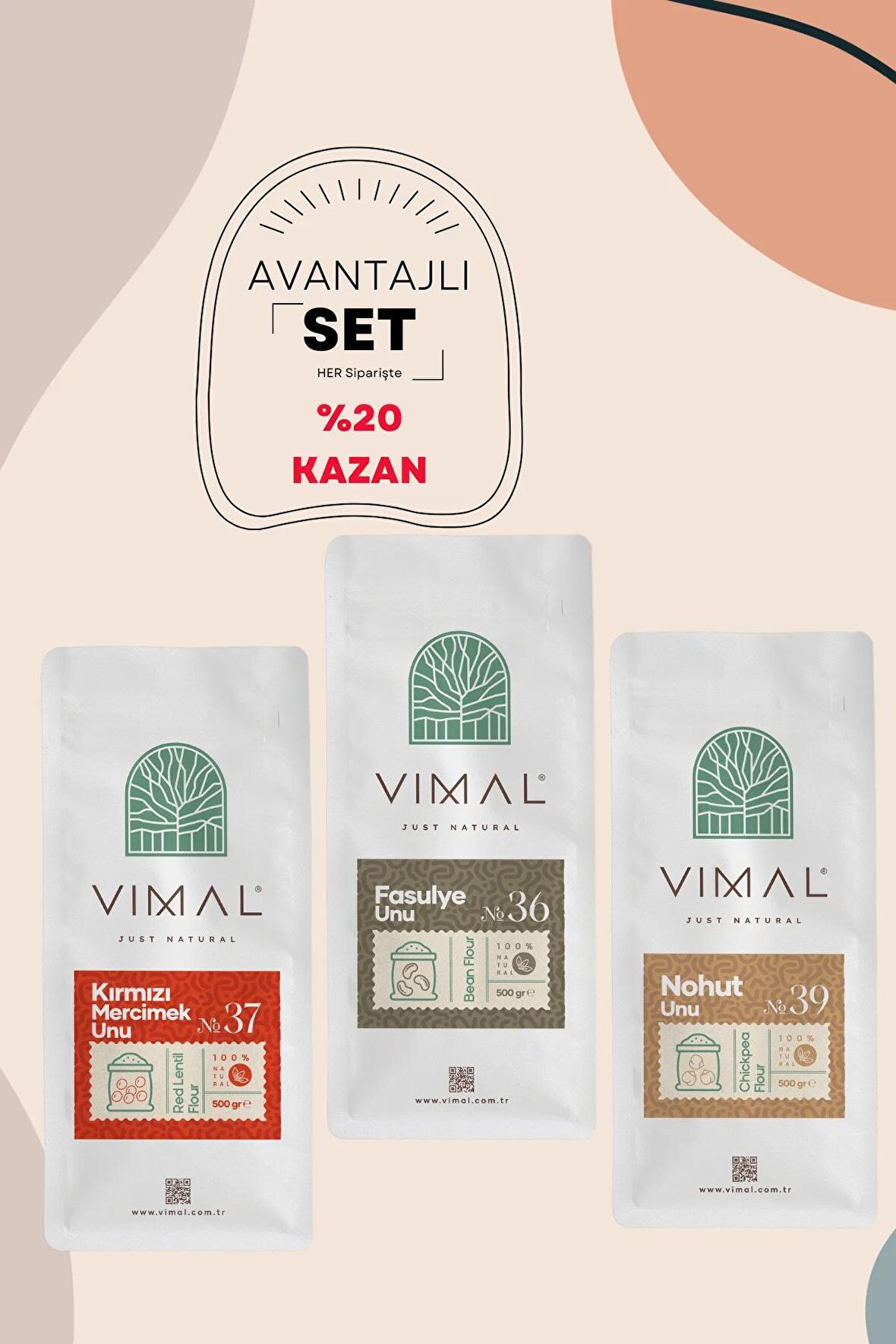 Vimal avantajlı 3lü set Kırmızı mercimek unu 500g + fasulye unu 500g + nohut unu 500g