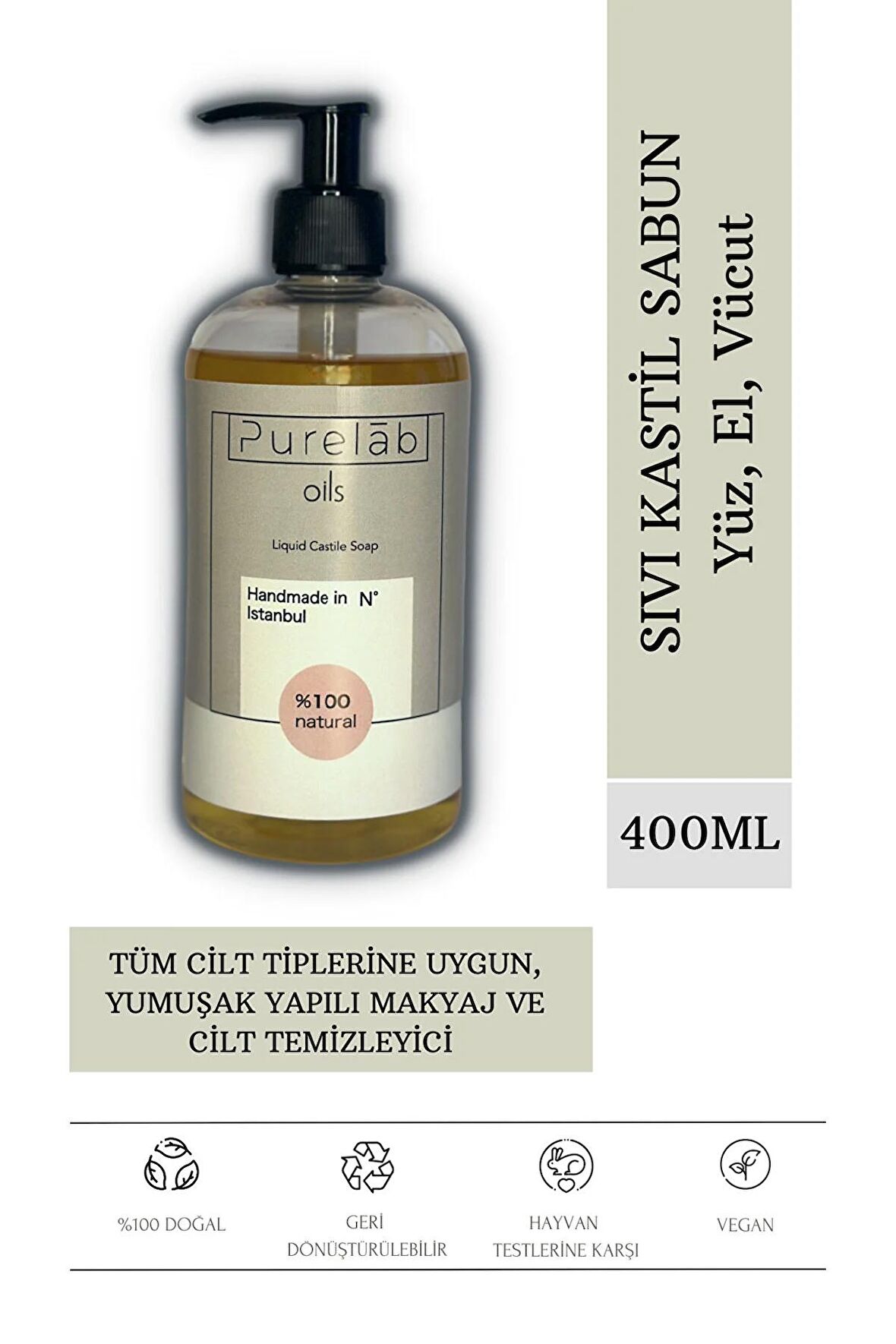 Sıvı Kastil Sabun %100 Doğal Zeytinyağlı Yoğun Nemlendirici Arındırıcı Bitkisel Vegan Sabun 400 ml