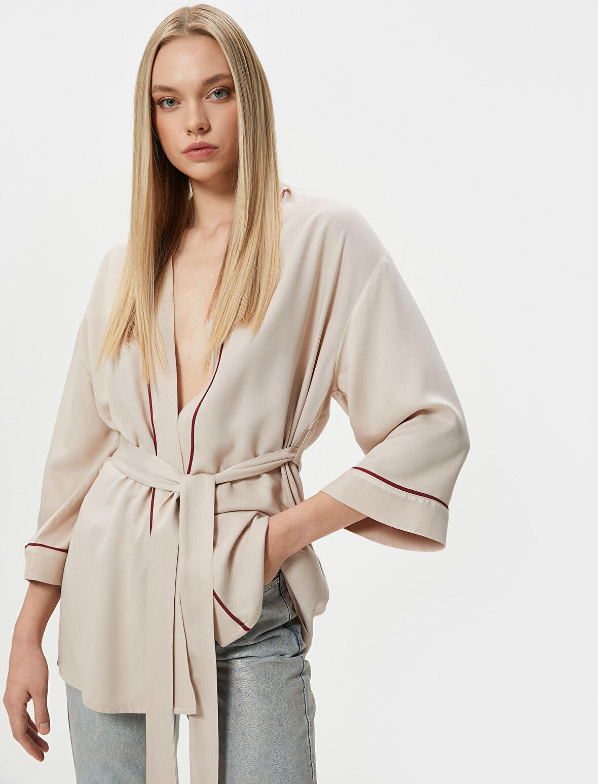 Oversize Kimono Beli Kuşaklı Şeritli Viskon