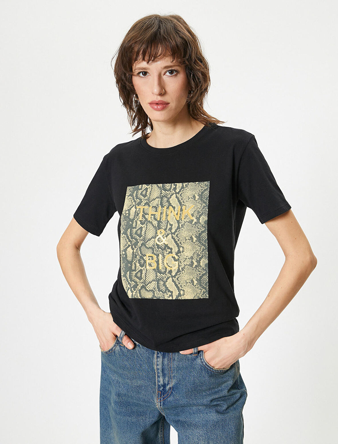 Leopar Baskılı Tişört Kısa Kollu Bisiklet Yaka Pamuklu