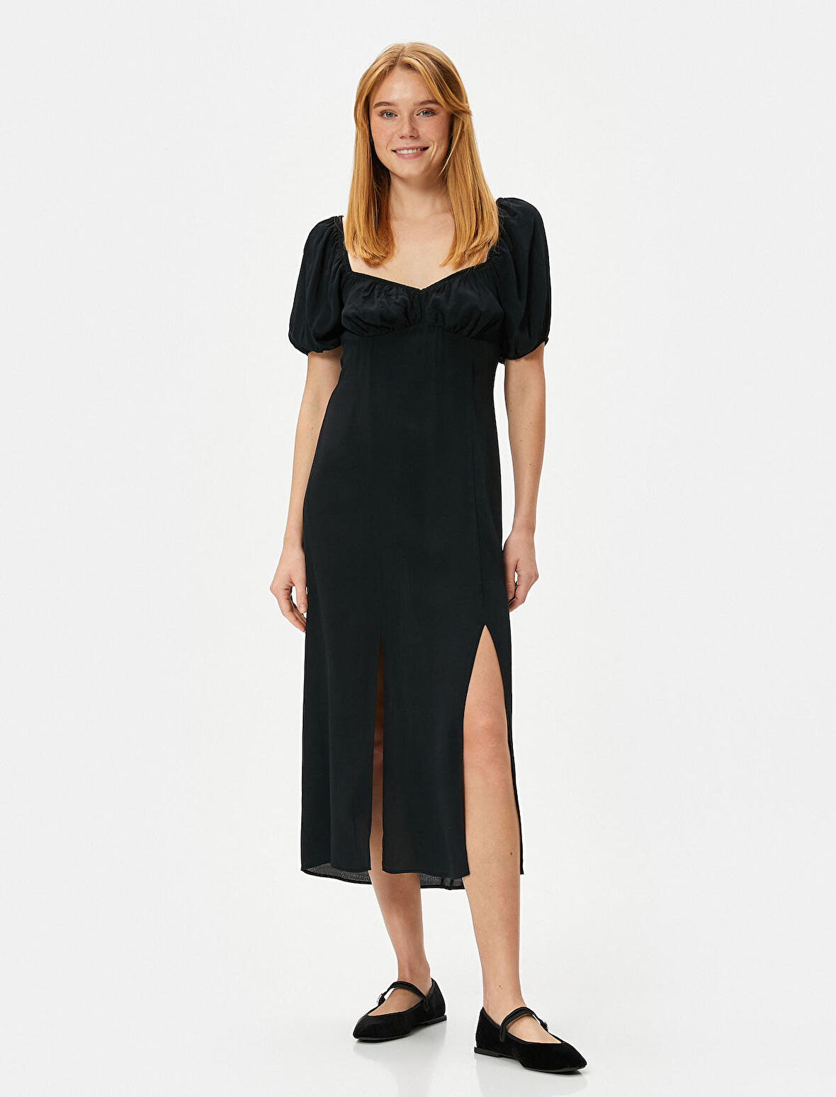 Midi Elbise Balon Kol Yırtmaçlı Kalp Yaka Viskon