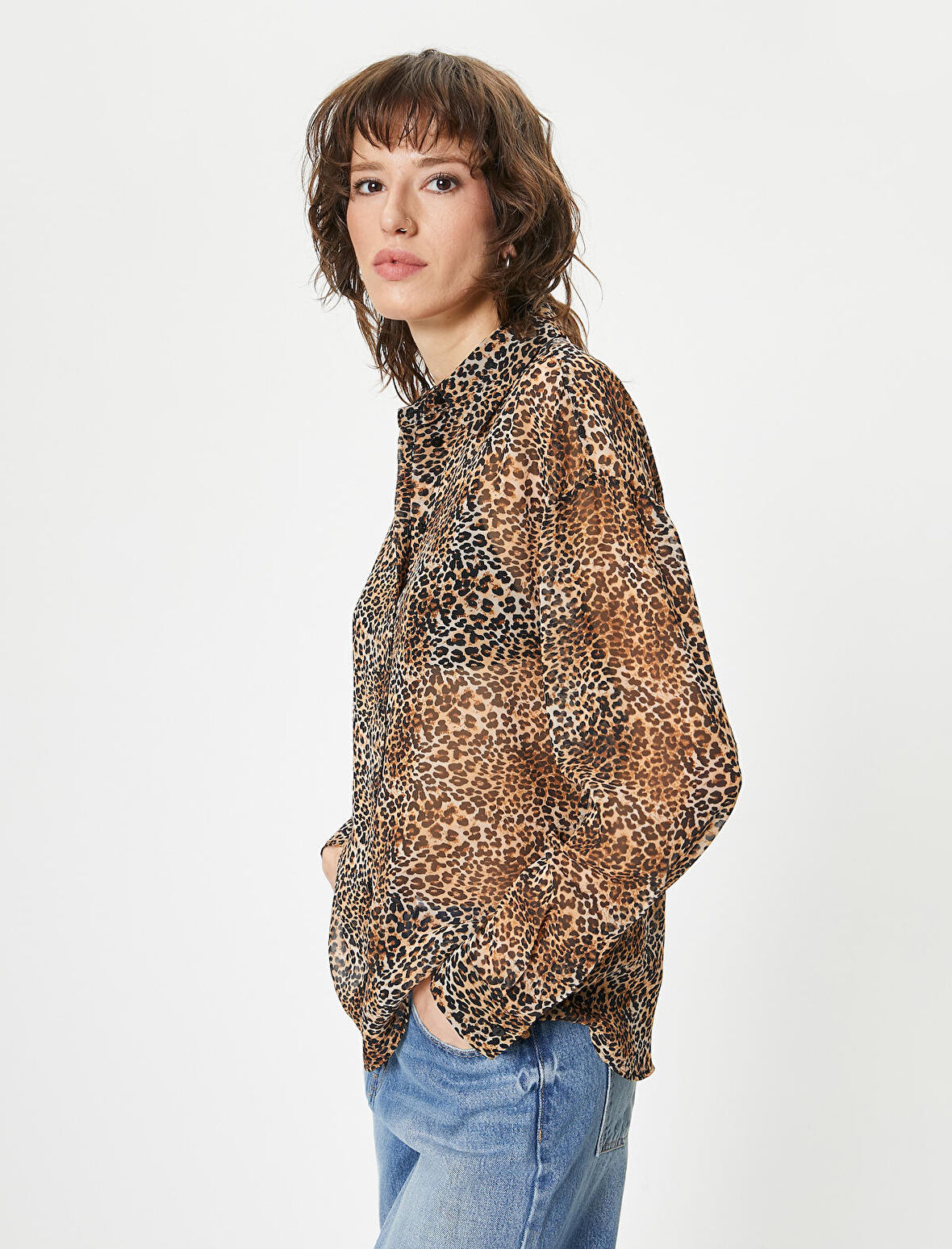 Leopar Desenli Gömlek Uzun Kollu Düğmeli