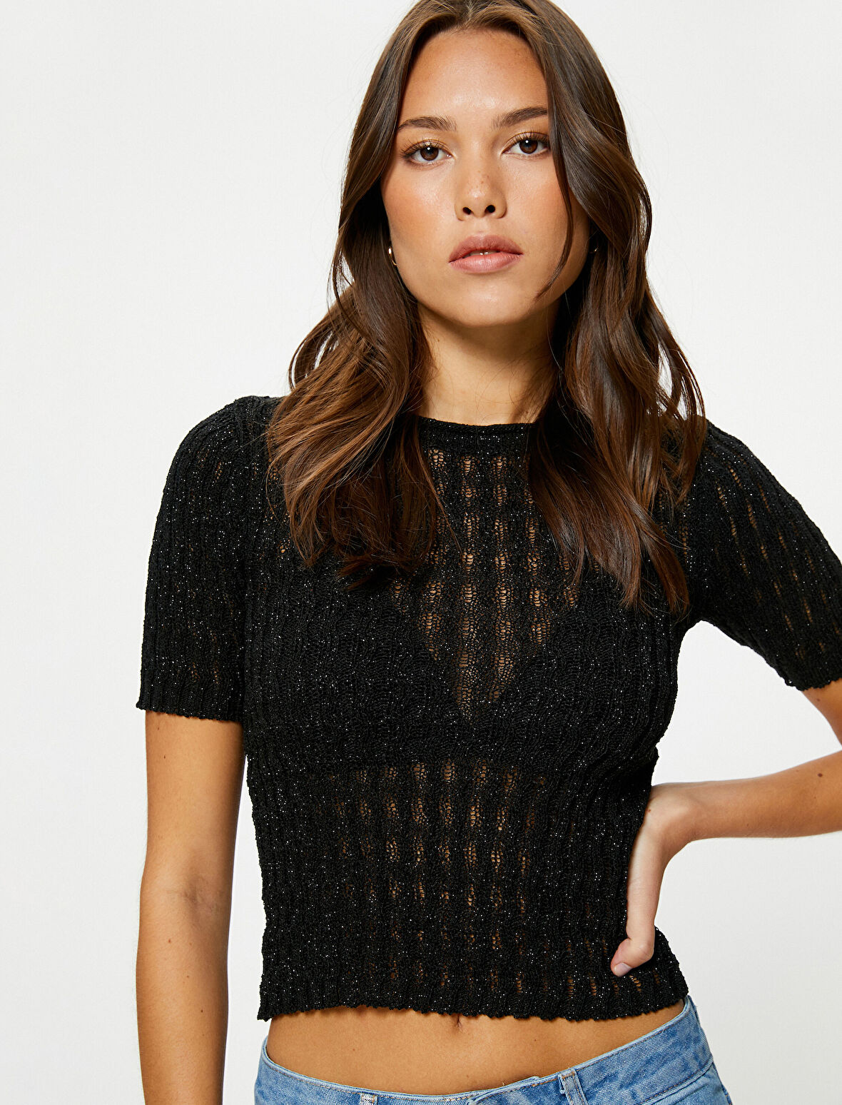 Kısa Kolllu Kazak Simli Bisiklet Yaka Dokulu