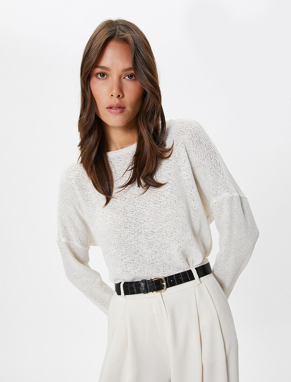 Uzun Kollu Tişört Bisiklet Yaka Düşük Omuzlu Pamuklu