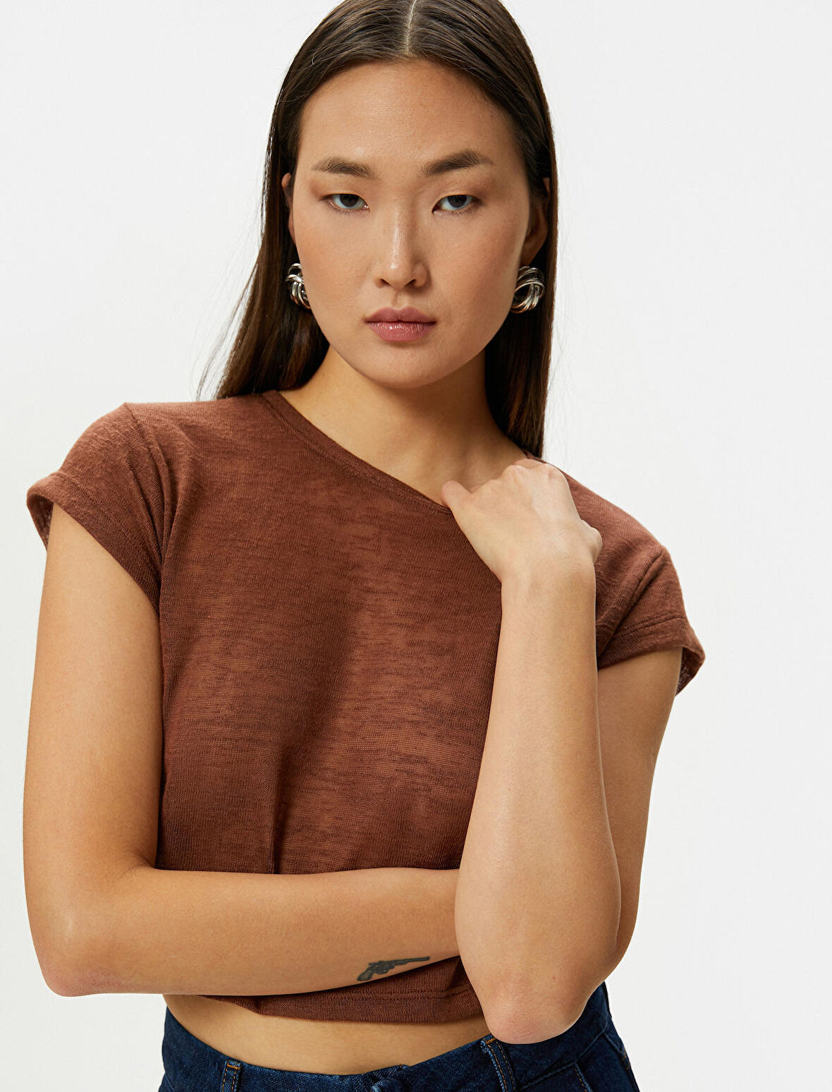 Crop Tişört Kısa Kollu Slim Fit Bisiklet Yaka