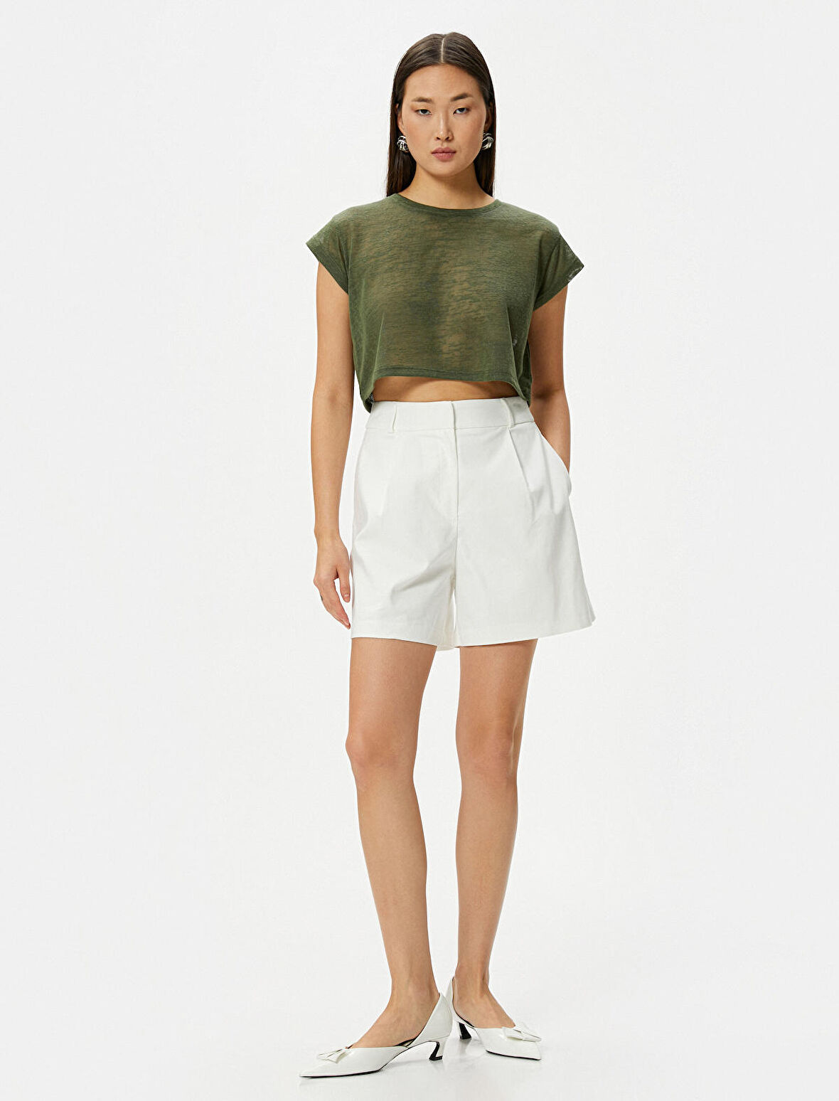 Crop Tişört Kısa Kollu Slim Fit Bisiklet Yaka