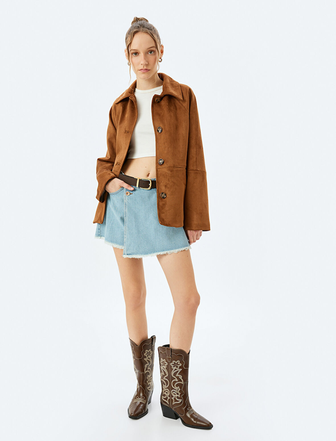 Mini Kot Şort Etek Düğmeli Cepli Rahat Kesim