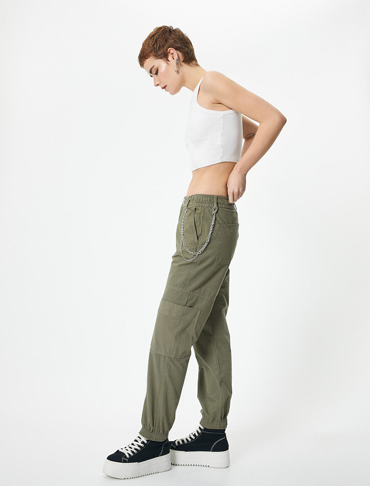 Kargo Jogger Pantolon Zincir Detaylı Yüksek Bel Pamuklu