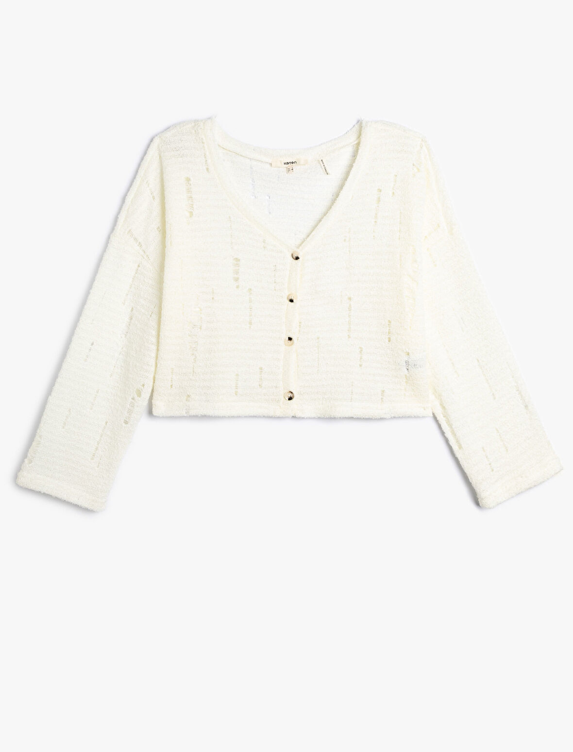 V Yaka Süveter Örgü Ajurlu Düğmeli Uzun Kollu