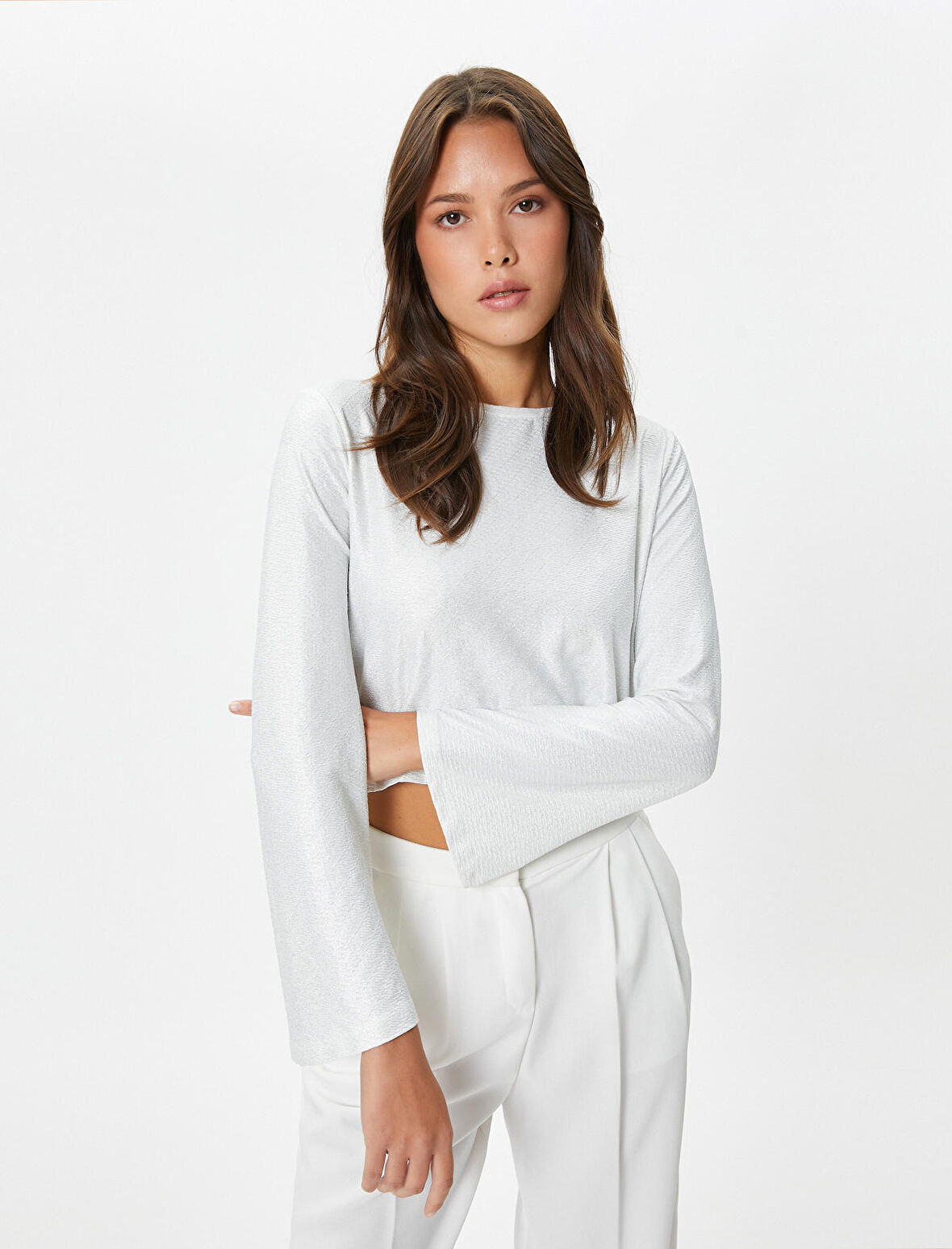 Crop Tişört Dokulu Bisiklet Yaka Metalik İspanyol Kol