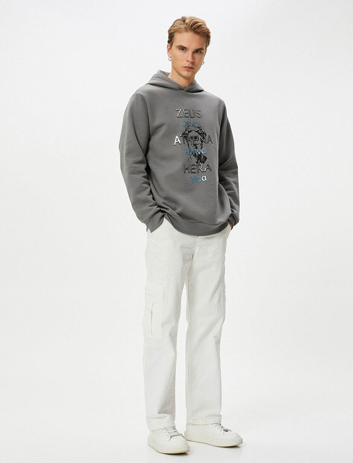 Kapşonlu Sweatshirt Mitoloji Temalı Baskılı Ribanalı Uzun Kollu