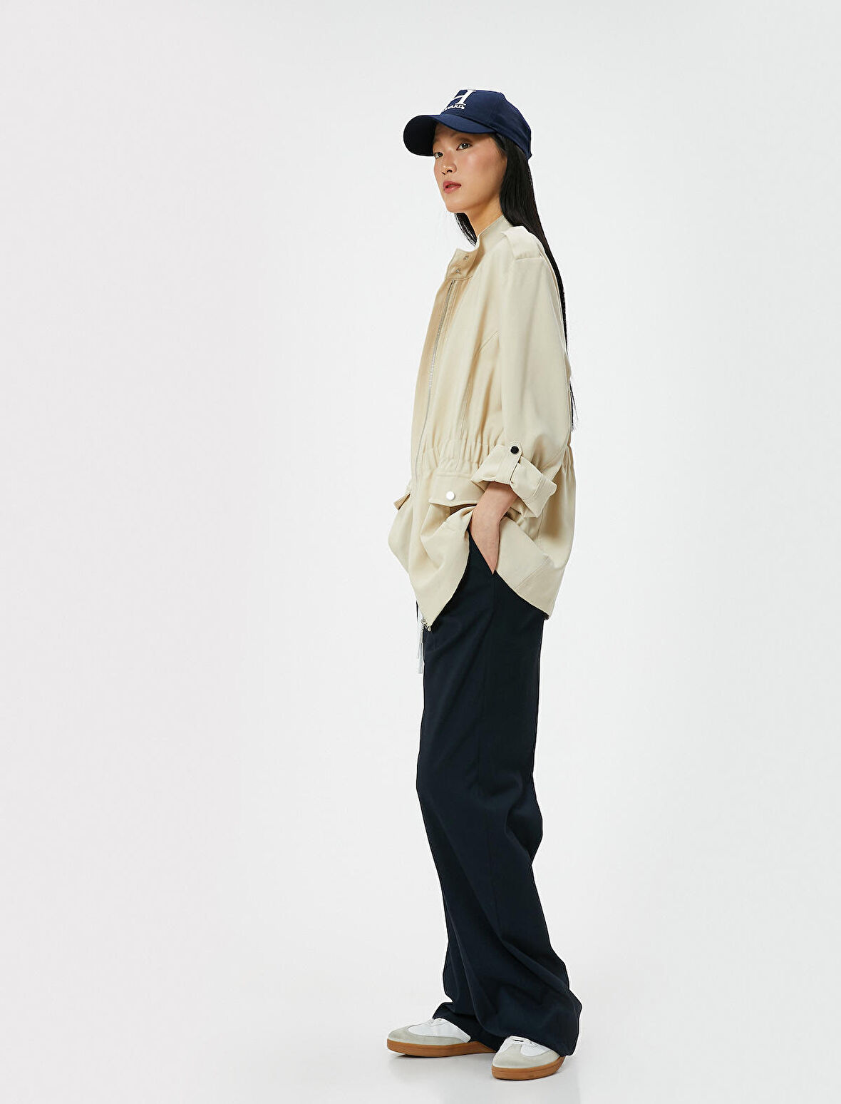 Fermuarlı Trençkot Beli Lastikli Kapaklı Cepli Dik Yaka