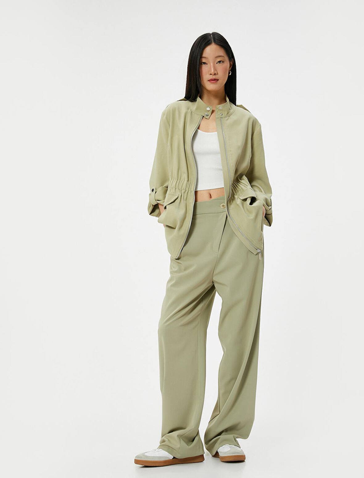 Fermuarlı Trençkot Beli Lastikli Kapaklı Cepli Dik Yaka